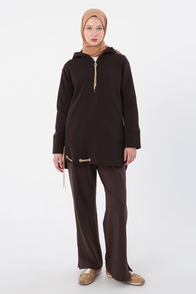 Acı Kahve-Kapüşonlu Zincirli Sim Detaylı Şardonlu Sweat Tunik