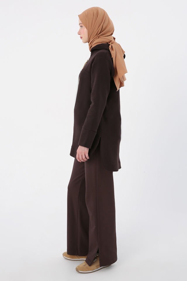 Acı Kahve-Kapüşonlu Zincirli Sim Detaylı Şardonlu Sweat Tunik