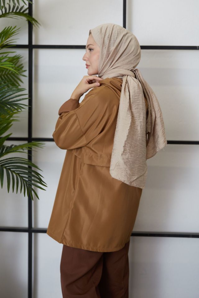 Fermuarlı Kısa Trençkot-Camel