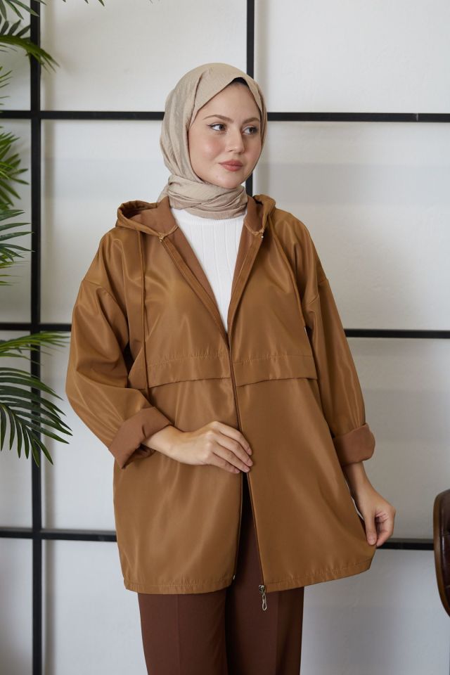 Fermuarlı Kısa Trençkot-Camel