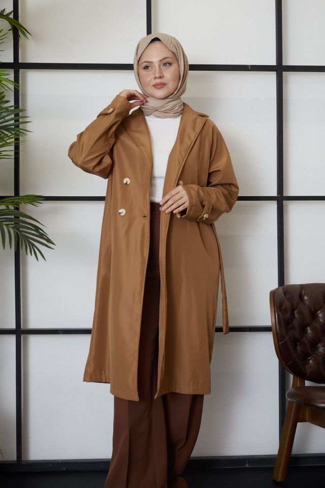 Arka Pile Detay Trençkot-Camel