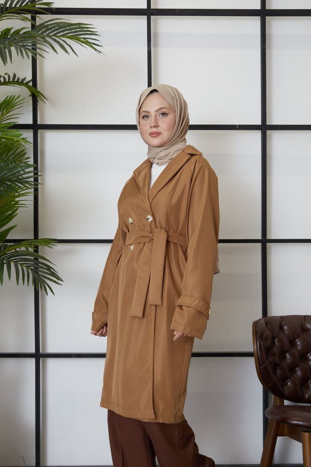 Arka Pile Detay Trençkot-Camel